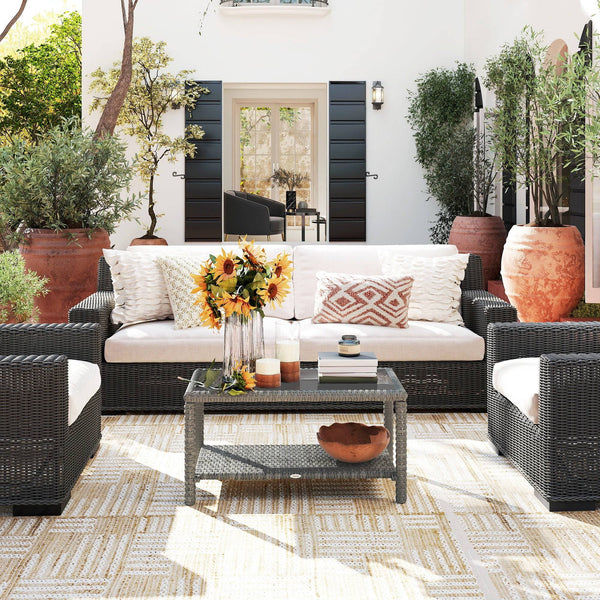 Outdoor Wicker Coffee Table with Glass Top, Dark Grey