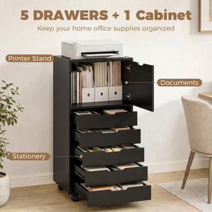 5-drawer mobile filing cabinet and storage unit, black