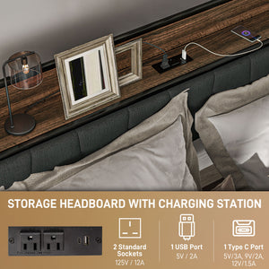 Queen Size Bed Frame with Charging Station, Upholstered Headboard, Walnut