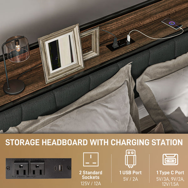 Queen Size Bed Frame with Charging Station, Upholstered Headboard, Walnut