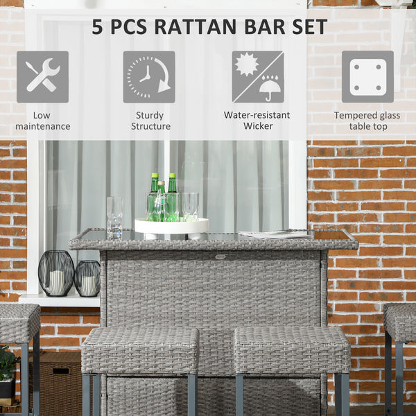 5-Piece Patio Bar Set, Synthetic Rattan Table and High Chairs, with Tempered Glass Top, Grey