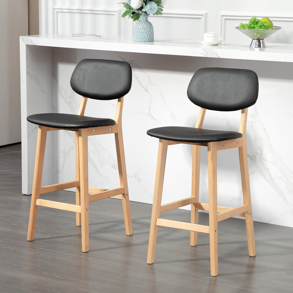 Set of 2 faux leather bar stools with solid wood legs