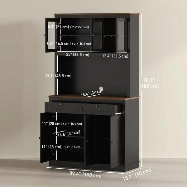 Storage cabinet with microwave space, sideboard with hutch, 2 drawers, adjustable shelves and glass doors, black