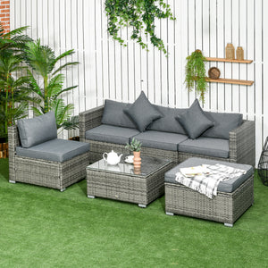 6-piece rattan garden furniture set with thick cushions, glass coffee table, dark gray.