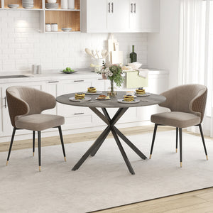 Round kitchen table for 4 people with steel legs, gray and black wood grain