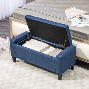 Linen Upholstered Storage Ottoman Bench with Tufted Pattern, Dark Blue