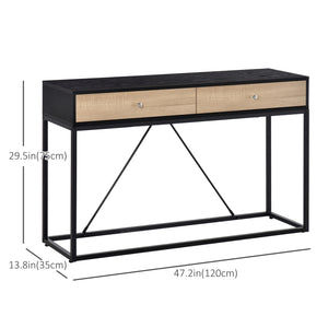 Entrance console table with 2 drawers, coffee table with steel frame, black