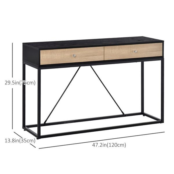 Entrance console table with 2 drawers, coffee table with steel frame, black