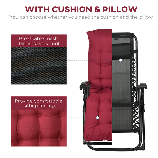 Set of 2 Zero Gravity Reclining Chairs with Cushion and Headrest, Wine Red