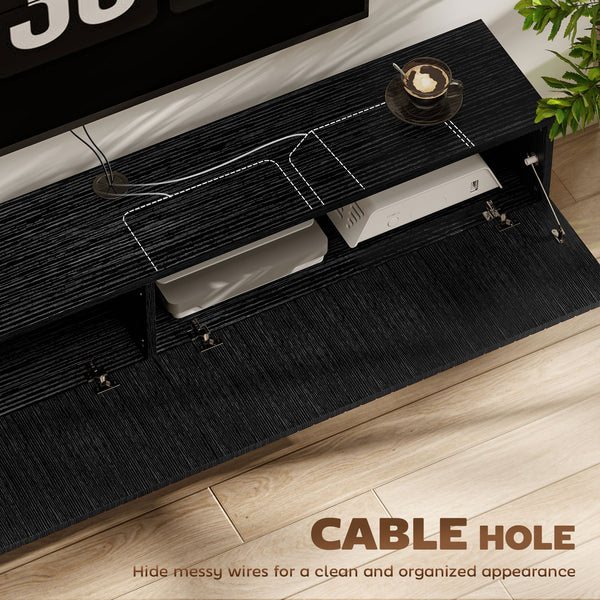 Floating wall-mounted TV unit for TVs up to 72 inches with 2 fluted drop-down doors, black