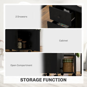 Black dining table on wheels with drawers and cabinet, foldable