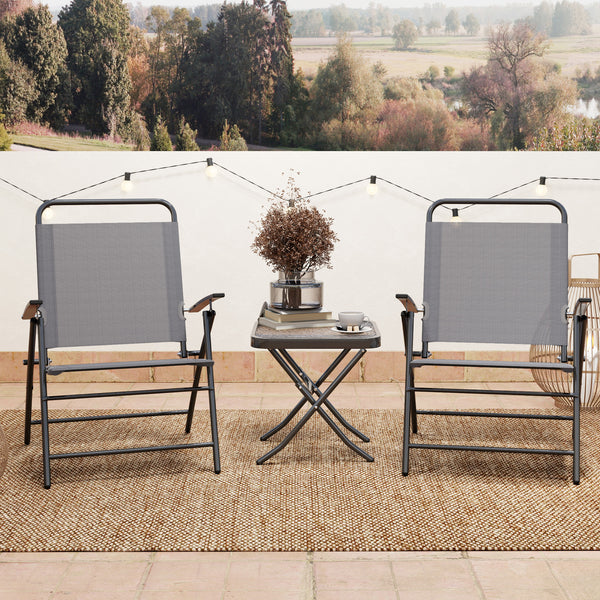 Folding bistro set with adjustable back chairs and glass-topped table, grey