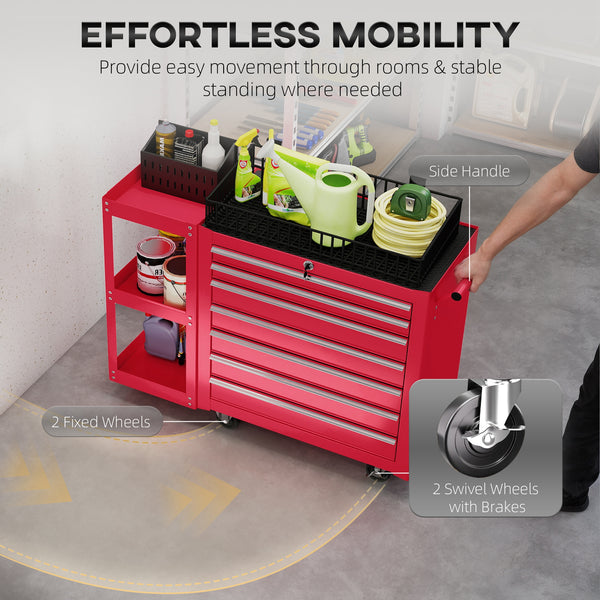 Mobile steel tool chest with 7 lockable drawers and side shelf, red