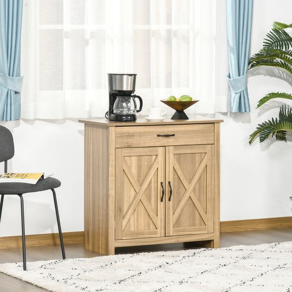 Farmhouse style sideboard with barn-style sliding doors, aged brown