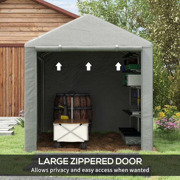 Portable shelter with galvanized steel frame and large door, light grey