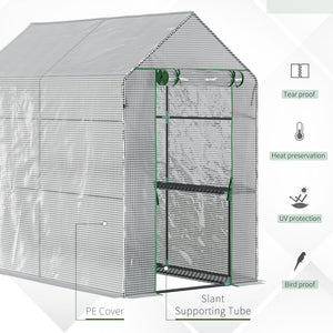 Portable garden greenhouse with roll-up door and 4 shelves, white