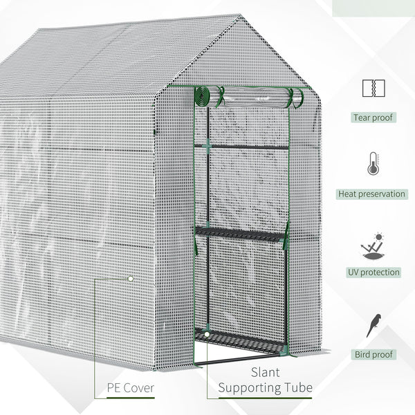 Portable garden greenhouse with roll-up door and 4 shelves, white