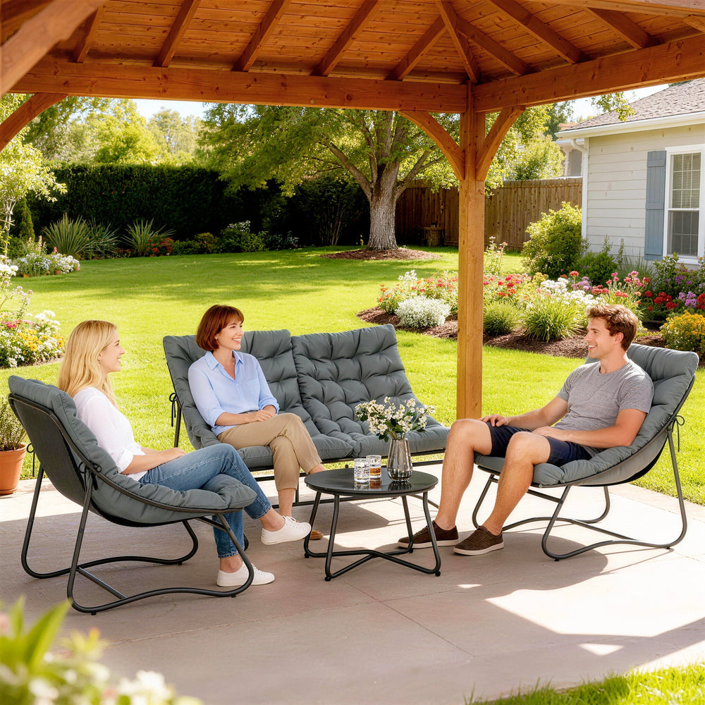 4-Piece Patio Furniture Set, Loveseat, Chairs, Round Metal Table, Cushions, Grey