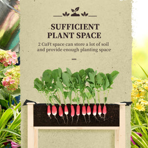 Raised wooden planter with legs, drainage holes and inner bag, natural color
