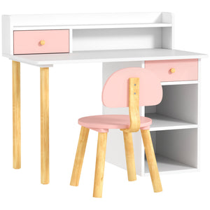 Table and chair set with storage and shelves, pink