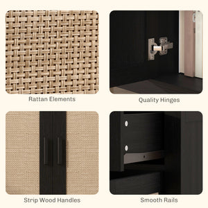 Bohemian style buffet with decorative rattan doors and drawers, black.