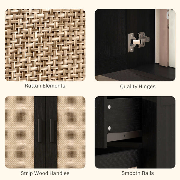 Bohemian style buffet with decorative rattan doors and drawers, black.