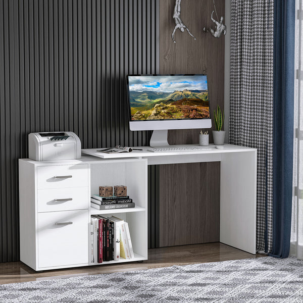 L-shaped corner desk with storage shelf, drawer, white