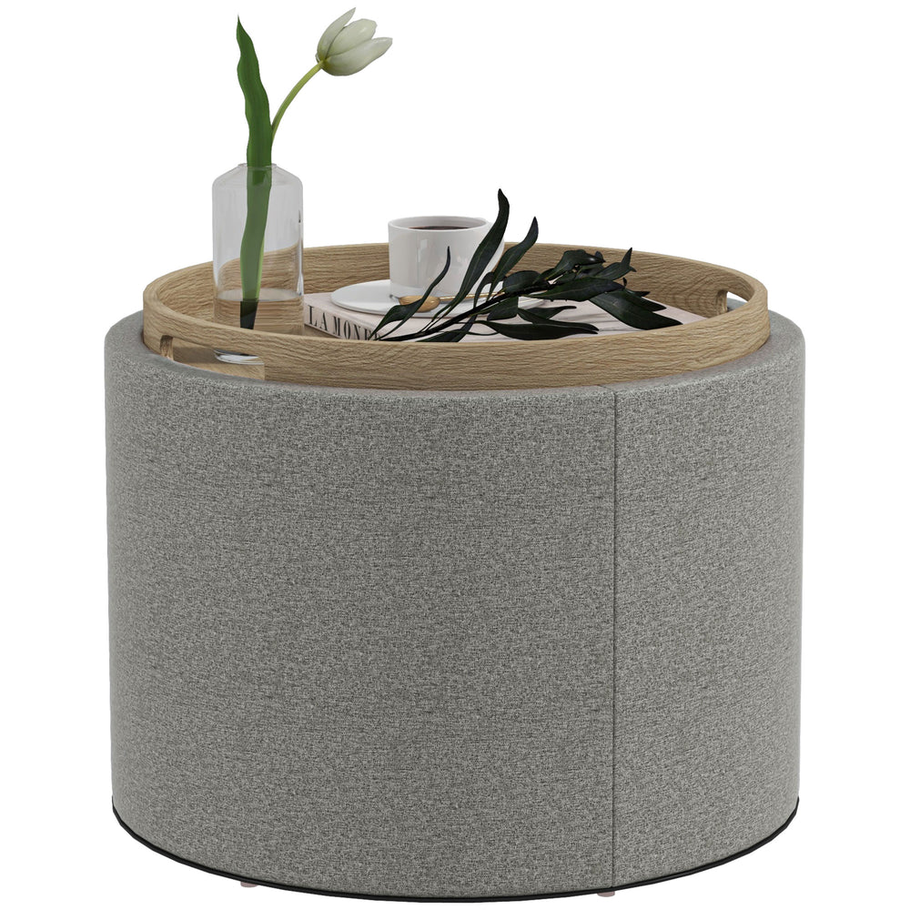 Round coffee table with hidden storage and gray linen upholstered top