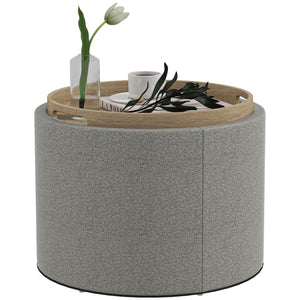 Round coffee table with hidden storage and gray linen upholstered top