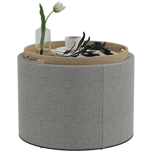 Round coffee table with hidden storage and gray linen upholstered top