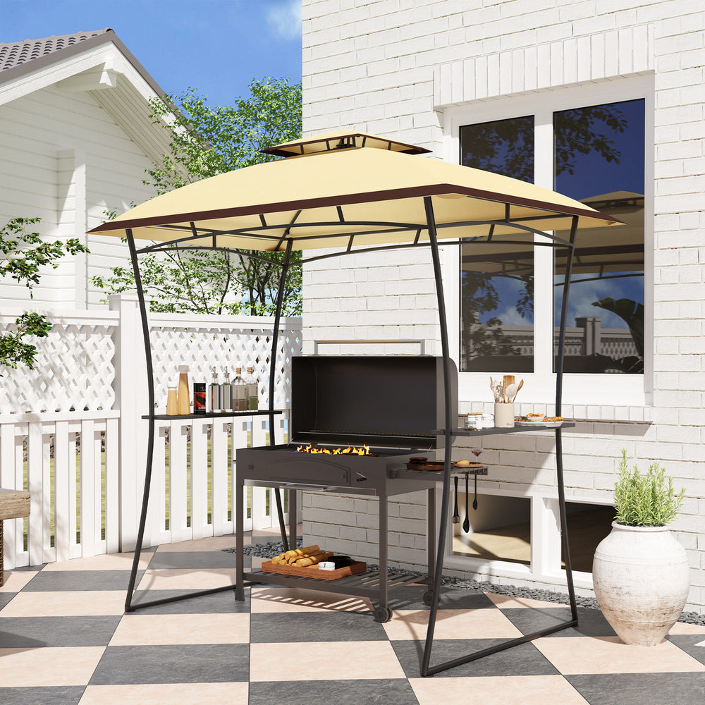 Two-tier barbecue gazebo with 2 side shelves and a hook, beige