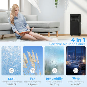 4-in-1 Portable Air Conditioner, 8000 BTU with Cooling, Dehumidifying, Fan, Sleep Mode, Wi-Fi Voice Remote Control, Black