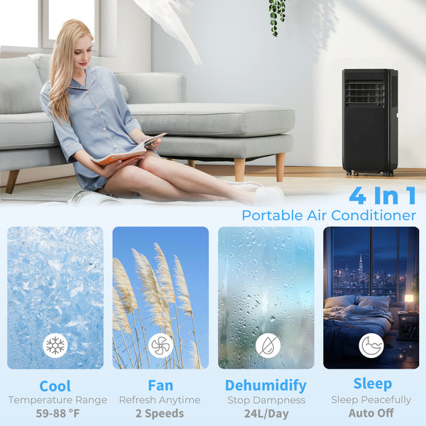 4-in-1 Portable Air Conditioner, 8000 BTU with Cooling, Dehumidifying, Fan, Sleep Mode, Wi-Fi Voice Remote Control, Black
