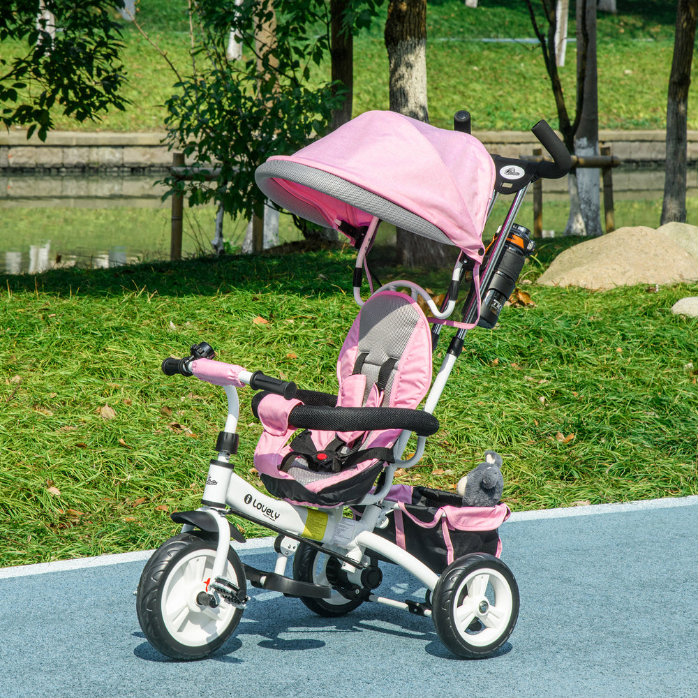 6 in 1 Tricycle with Basket, Canopy, 5-Point Safety Harness, Pink
