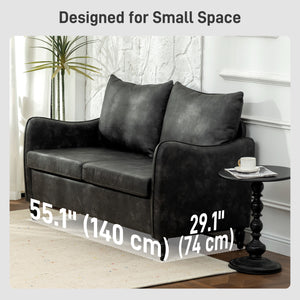 2 seater sofa with solid wood legs upholstered in faux leather, gray