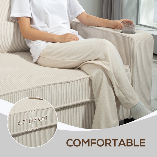 3 seater fabric sofa with spring cushion and cup holders, cream white