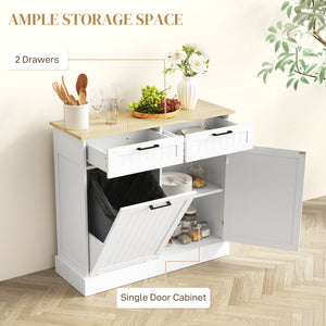 Tilt-out trash can cabinet with 2 drawers, white