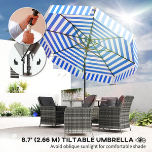 8.7-foot tilting parasol with crank and vent, blue and white 