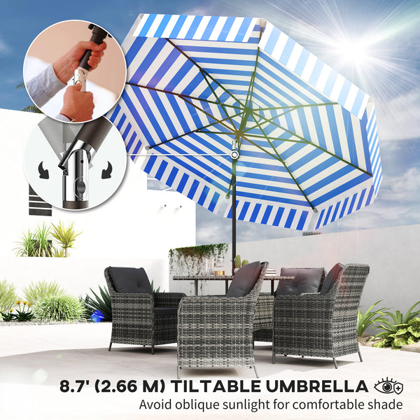 8.7-foot tilting parasol with crank and vent, blue and white 