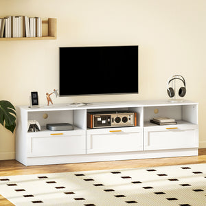 TV stand with 3 cabinets and 3 open shelves, for TVs up to 85 inches, white