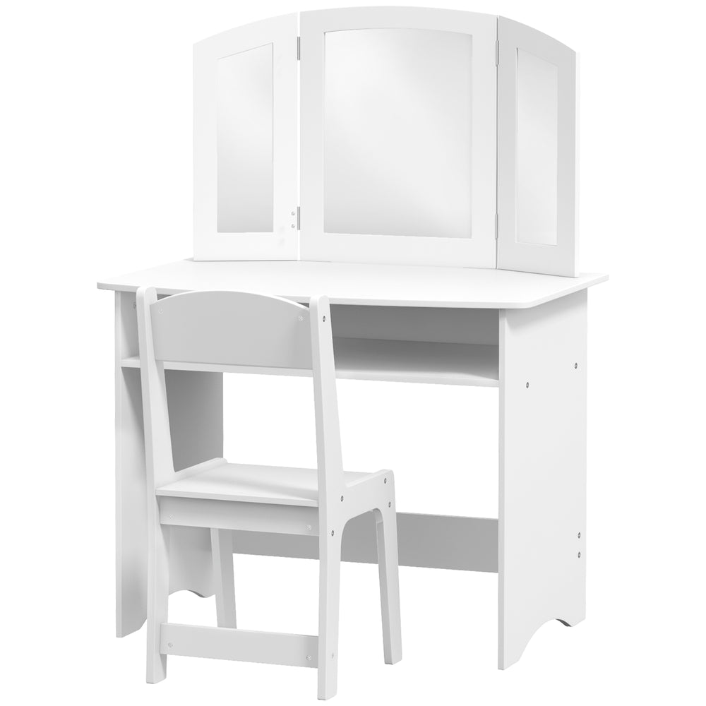 2-in-1 Dressing Table with Tri-Folding Mirror, Stool and Storage Shelf, White