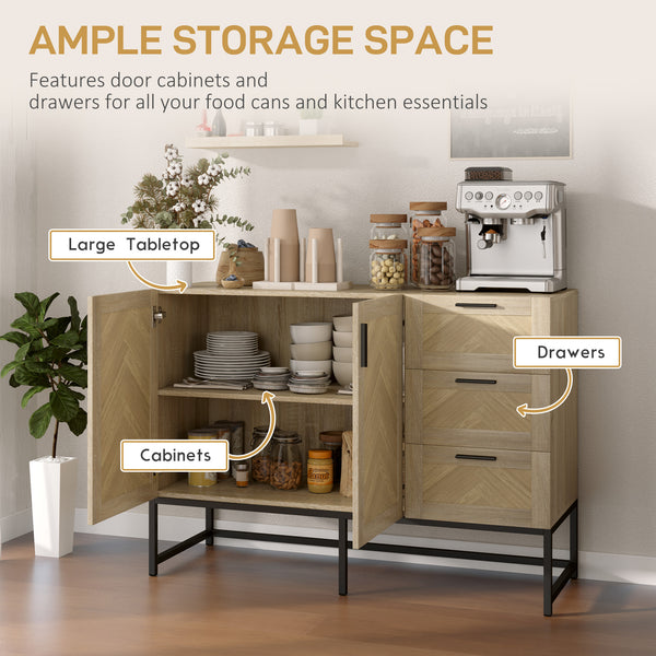 Coffee bar sideboard with drawers and adjustable shelf, oak