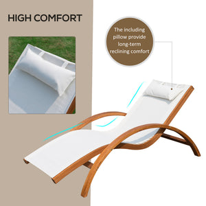 Wooden outdoor reclining lounge chair with headrest and mesh seat, cream.