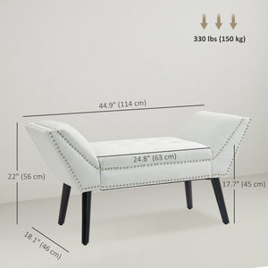 Modern upholstered bench with arms and nailhead trim, white