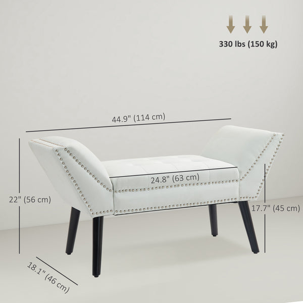 Modern upholstered bench with arms and nailhead trim, white