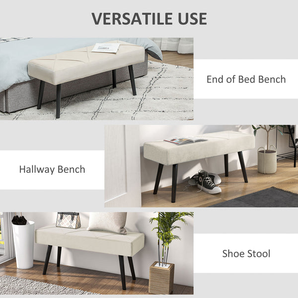 Modern upholstered bedroom bench with steel legs, cream white