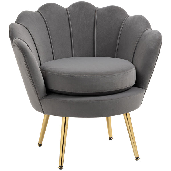 Lotus accent chair in velvet fabric with gold metal legs, gray