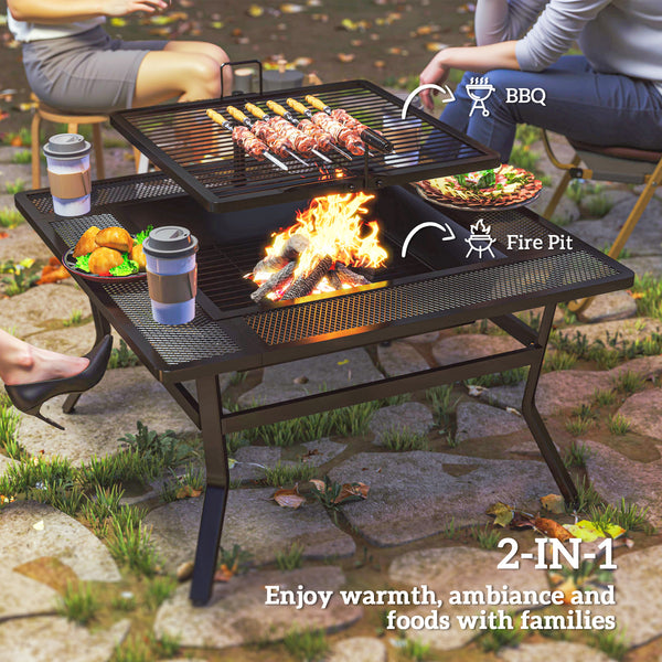 Square Outdoor Fire Pit Firepit with Adjustable Grill Grate, Wood Fire Pit with Adjustable Foot Pads, Outer Ledge, Poker for Backyard Bonfire Picnic, Black