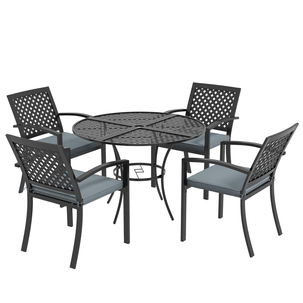 5 Piece Outdoor Dining Set with 4 Padded Stacking Armchairs, Patio Furniture Set with Umbrella Hole, Grey