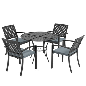 5 Piece Outdoor Dining Set with 4 Padded Stacking Armchairs, Patio Furniture Set with Umbrella Hole, Grey